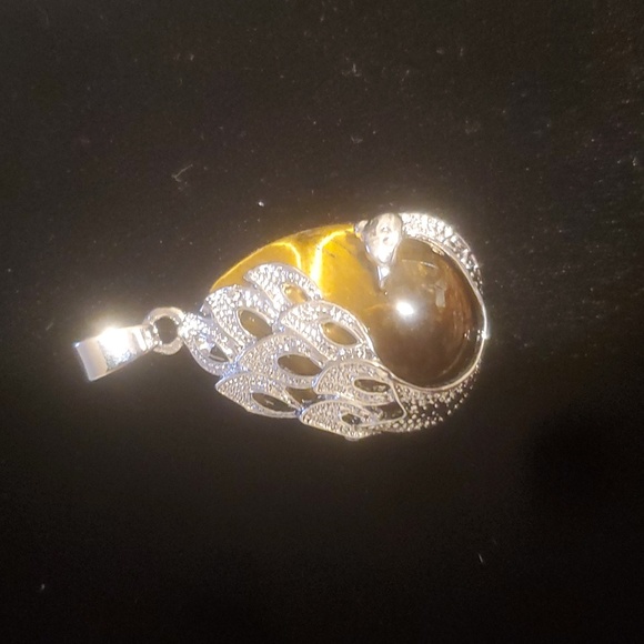 New Silver Wrapped Tigers Eye Peacock Pendant. - Picture 2 of 10